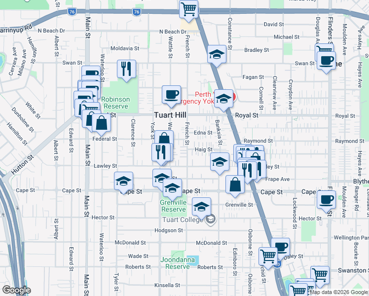 map of restaurants, bars, coffee shops, grocery stores, and more near 165 French Street in Tuart Hill