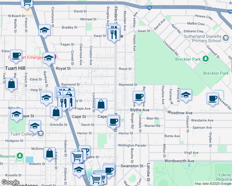 map of restaurants, bars, coffee shops, grocery stores, and more near Flinders Street in Yokine