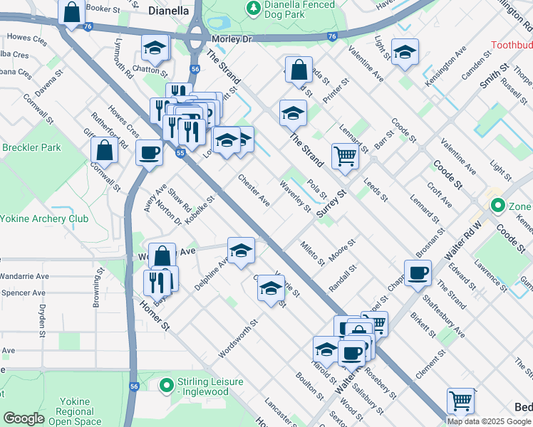 map of restaurants, bars, coffee shops, grocery stores, and more near 7 Chester Avenue in Dianella