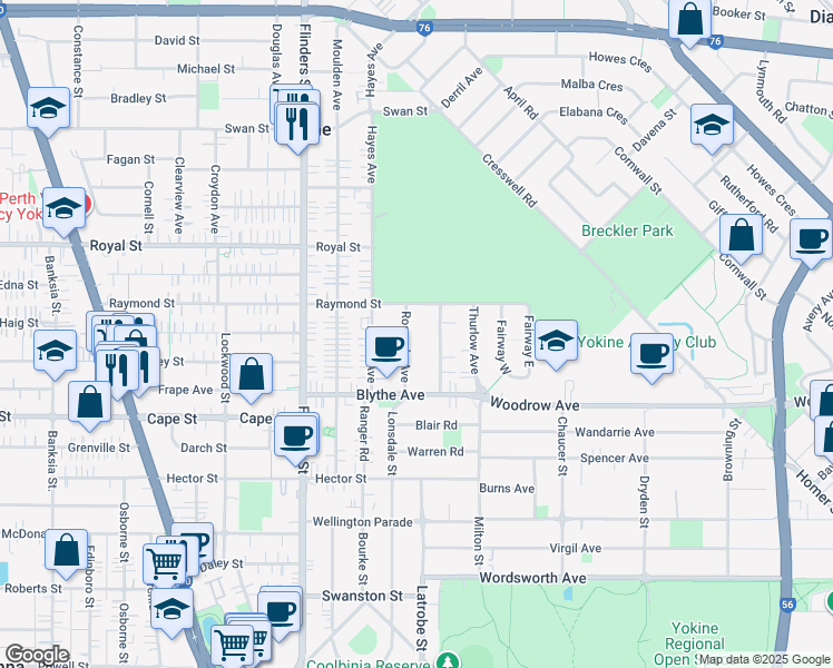 map of restaurants, bars, coffee shops, grocery stores, and more near 20 Roscorla Avenue in Yokine