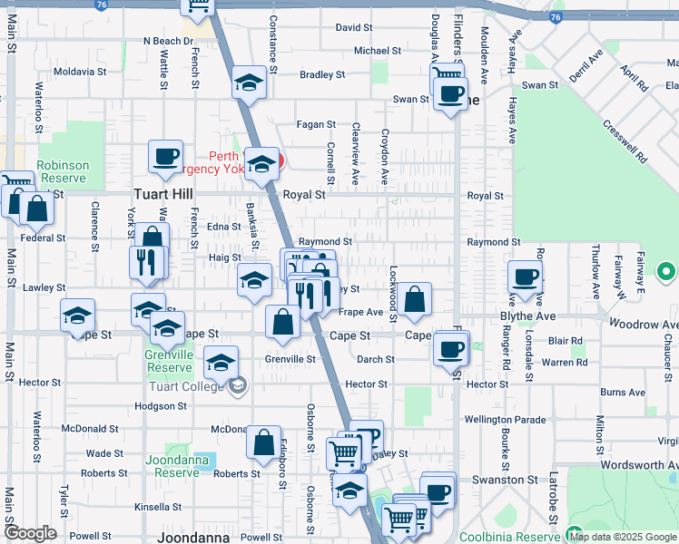 map of restaurants, bars, coffee shops, grocery stores, and more near 20C Tuart Street in Yokine