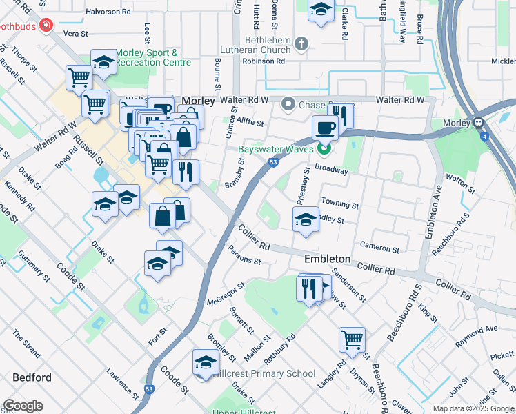map of restaurants, bars, coffee shops, grocery stores, and more near 36 McKenzie Way in Perth