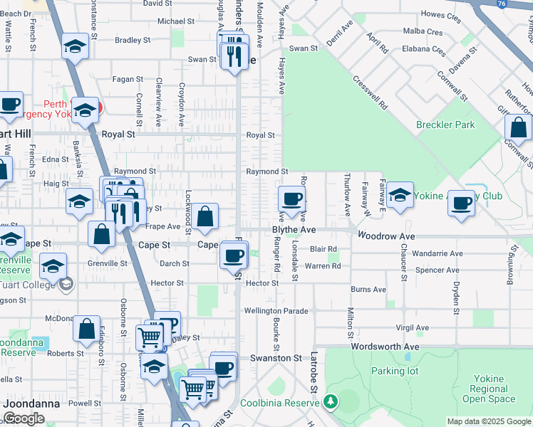 map of restaurants, bars, coffee shops, grocery stores, and more near 50 Moulden Avenue in Yokine