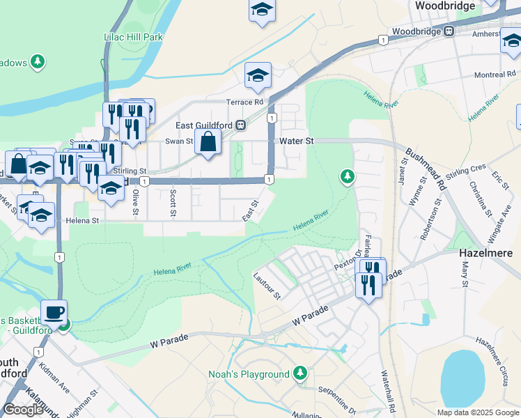 map of restaurants, bars, coffee shops, grocery stores, and more near 10 East Street in Guildford