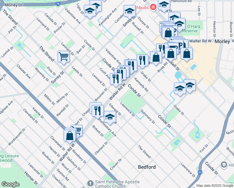 map of restaurants, bars, coffee shops, grocery stores, and more near 242 Lawrence Street in Bedford