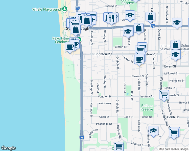map of restaurants, bars, coffee shops, grocery stores, and more near 30A Kay Street in Scarborough