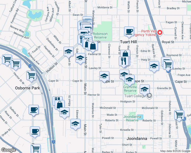 map of restaurants, bars, coffee shops, grocery stores, and more near 128 Waterloo Street in Tuart Hill