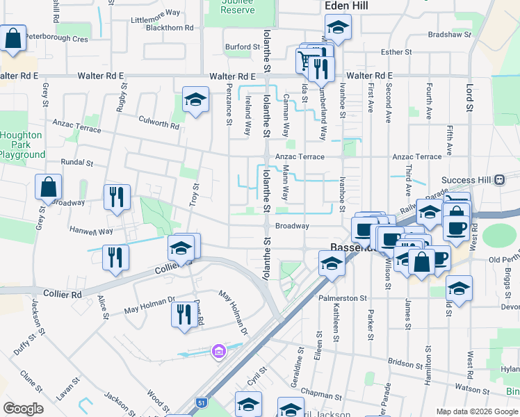 map of restaurants, bars, coffee shops, grocery stores, and more near 15 Iolanthe Street in Bassendean