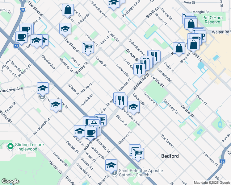 map of restaurants, bars, coffee shops, grocery stores, and more near 243 The Strand in Dianella