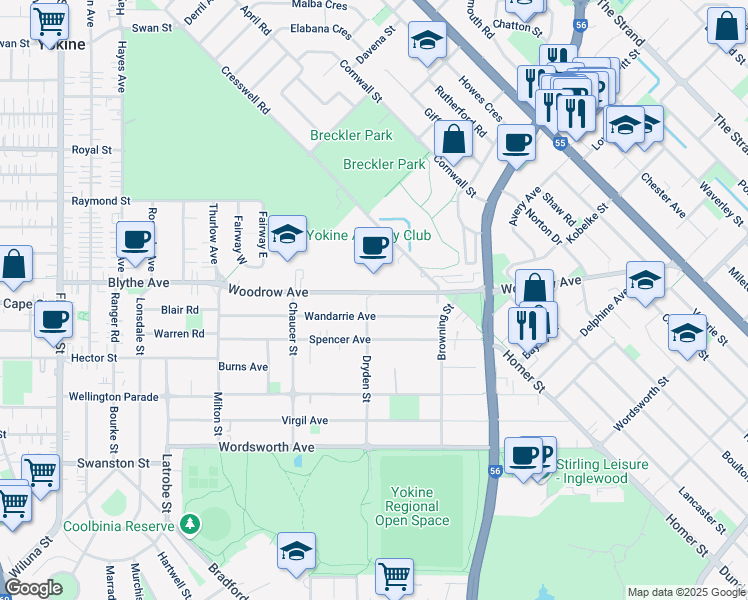 map of restaurants, bars, coffee shops, grocery stores, and more near 78 Dryden Street in Yokine