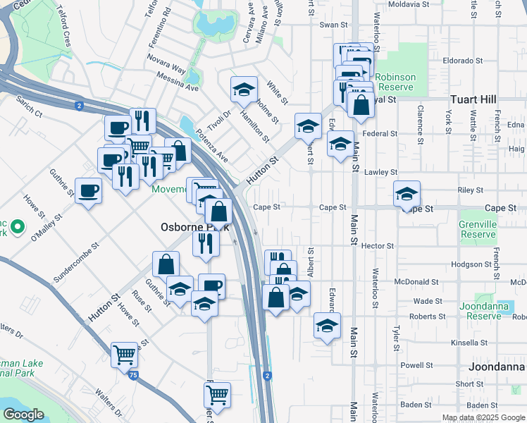 map of restaurants, bars, coffee shops, grocery stores, and more near 26 Cape Street in Osborne Park