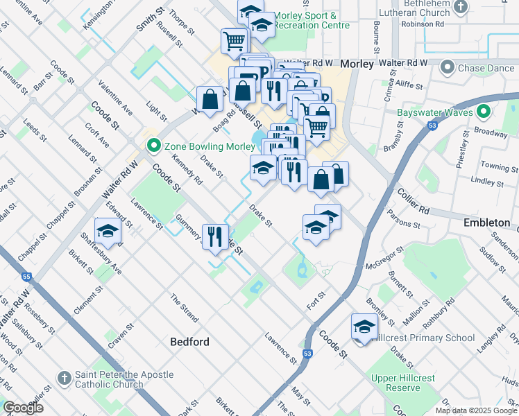 map of restaurants, bars, coffee shops, grocery stores, and more near 238 Drake Street in Morley