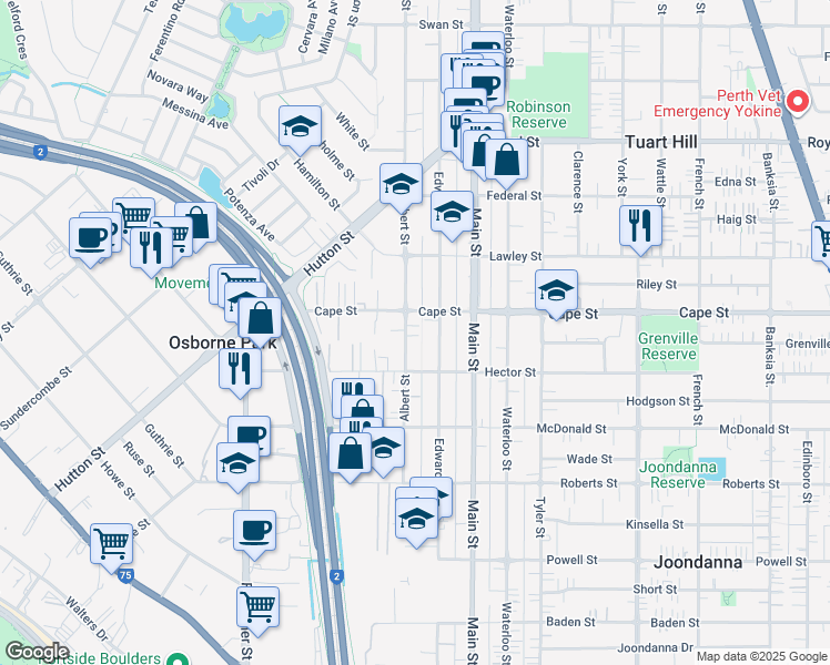 map of restaurants, bars, coffee shops, grocery stores, and more near 118 Albert Street in Osborne Park
