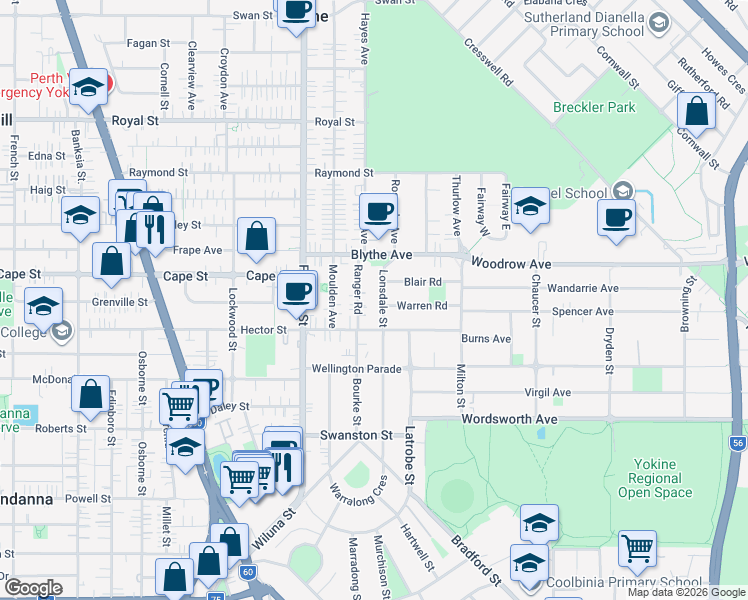 map of restaurants, bars, coffee shops, grocery stores, and more near 71 Lonsdale Street in Yokine
