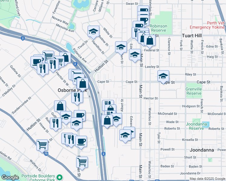 map of restaurants, bars, coffee shops, grocery stores, and more near 44 Cape Street in Osborne Park