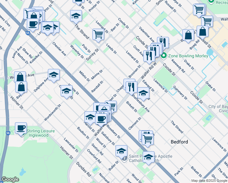 map of restaurants, bars, coffee shops, grocery stores, and more near 163 Birkett Street in Dianella