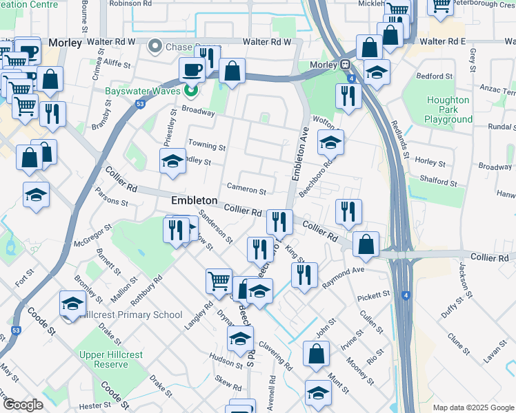 map of restaurants, bars, coffee shops, grocery stores, and more near 185 Collier Road in Embleton