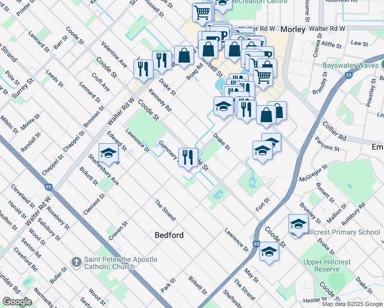 map of restaurants, bars, coffee shops, grocery stores, and more near Coode Street in Bedford