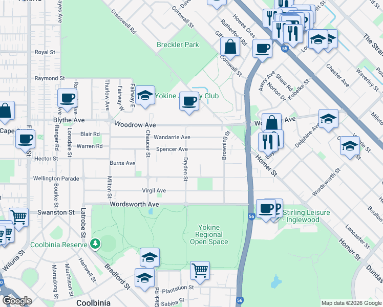 map of restaurants, bars, coffee shops, grocery stores, and more near 54 Dryden Street in Yokine