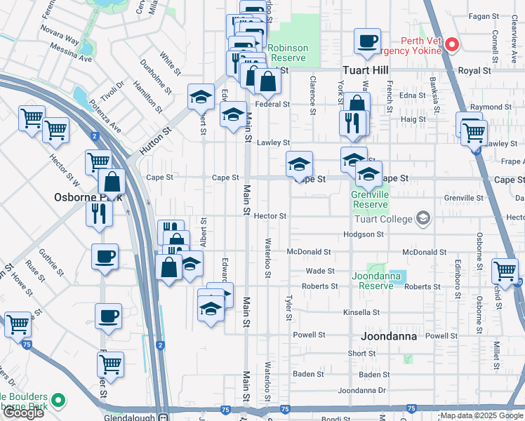 map of restaurants, bars, coffee shops, grocery stores, and more near 101 Waterloo Street in Tuart Hill