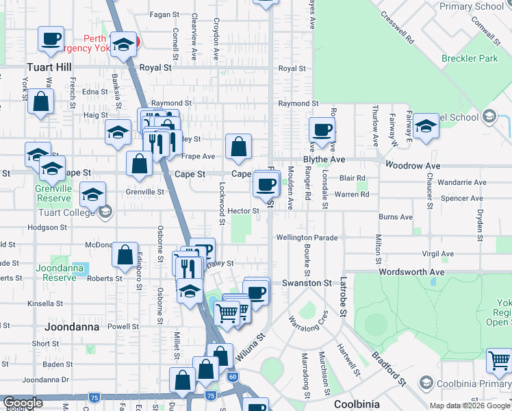 map of restaurants, bars, coffee shops, grocery stores, and more near 389 Hector Street in Yokine