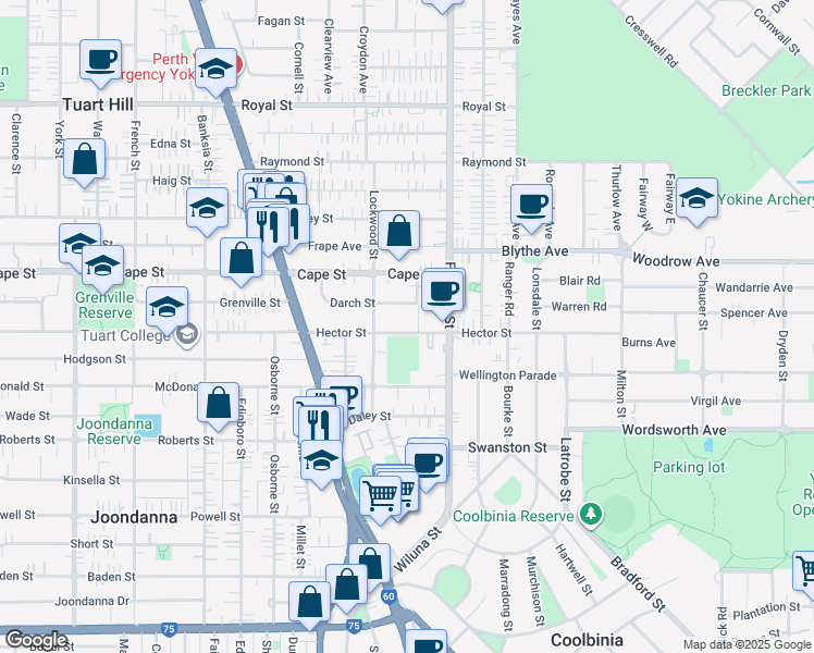 map of restaurants, bars, coffee shops, grocery stores, and more near 379 Hector Street in Yokine