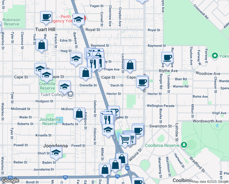 map of restaurants, bars, coffee shops, grocery stores, and more near 359 Hector Street in Yokine