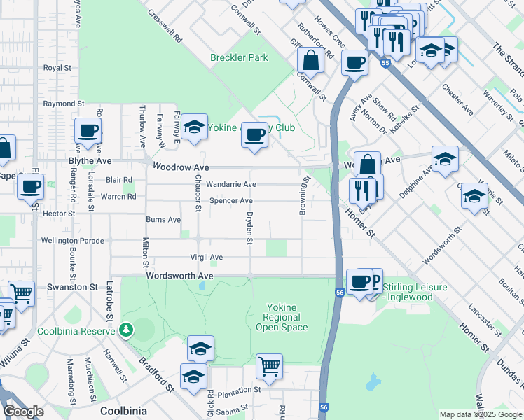 map of restaurants, bars, coffee shops, grocery stores, and more near 56 Spencer Avenue in Yokine