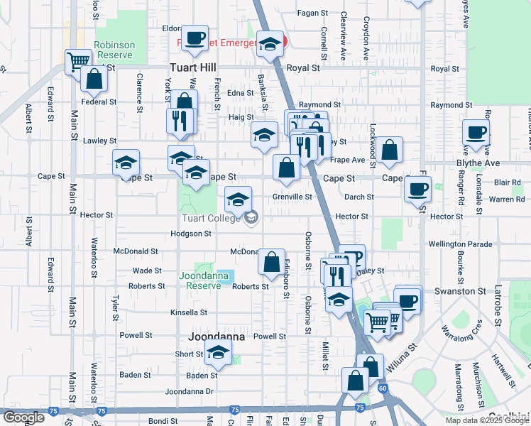 map of restaurants, bars, coffee shops, grocery stores, and more near 305 Hector Street in Tuart Hill