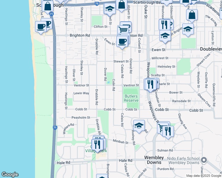 map of restaurants, bars, coffee shops, grocery stores, and more near 57A Colin Road in Scarborough