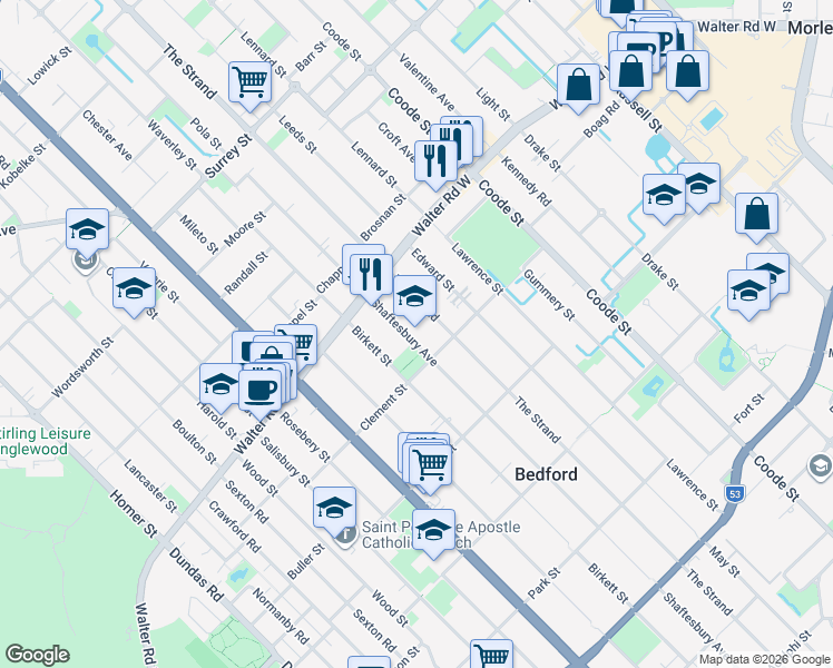 map of restaurants, bars, coffee shops, grocery stores, and more near 208 Shaftesbury Avenue in Bedford
