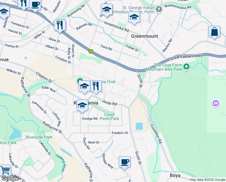 map of restaurants, bars, coffee shops, grocery stores, and more near 26 Astroloma Place in Koongamia