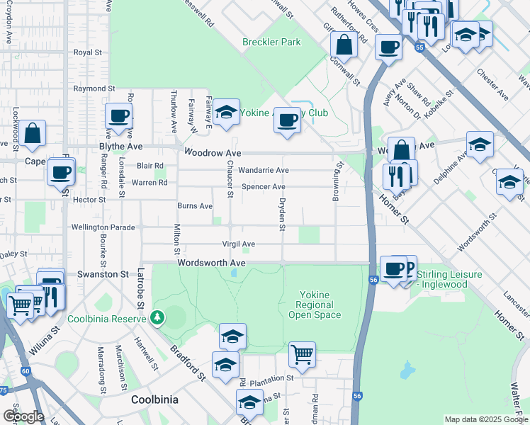 map of restaurants, bars, coffee shops, grocery stores, and more near 47 Shakespeare Avenue in Yokine