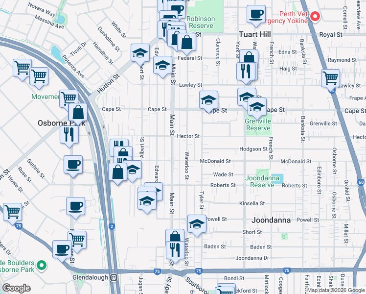 map of restaurants, bars, coffee shops, grocery stores, and more near 91 Waterloo Street in Tuart Hill