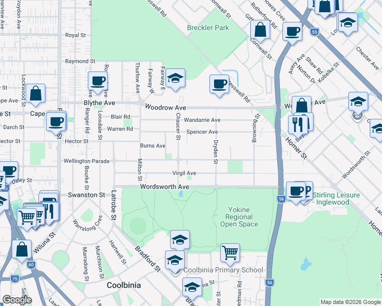 map of restaurants, bars, coffee shops, grocery stores, and more near 39 Shakespeare Avenue in Yokine
