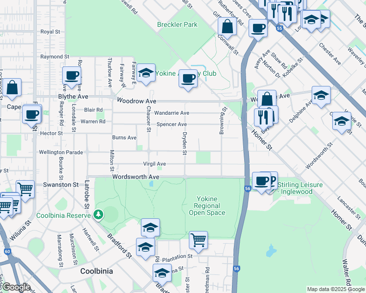 map of restaurants, bars, coffee shops, grocery stores, and more near 45 Dryden Street in Yokine