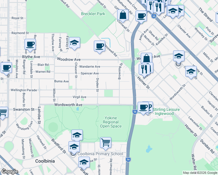 map of restaurants, bars, coffee shops, grocery stores, and more near 73 Shakespeare Avenue in Yokine