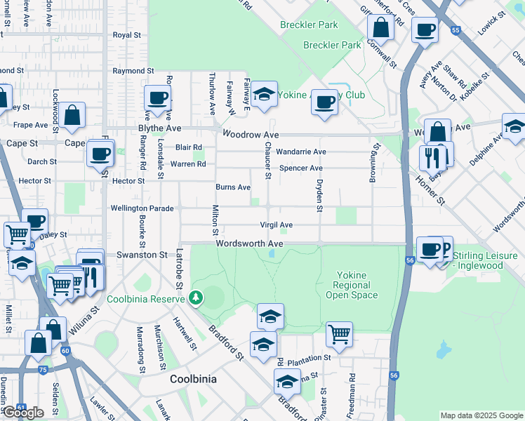 map of restaurants, bars, coffee shops, grocery stores, and more near 26 Shakespeare Avenue in Yokine