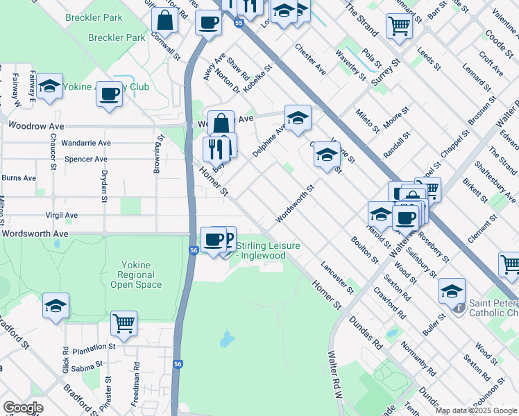 map of restaurants, bars, coffee shops, grocery stores, and more near 67A Lancaster Street in Dianella