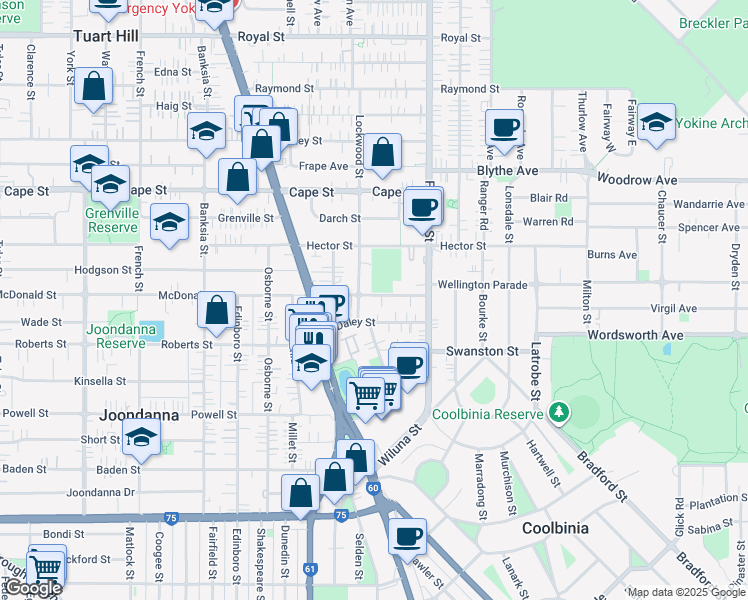 map of restaurants, bars, coffee shops, grocery stores, and more near 278 McDonald Street in Yokine
