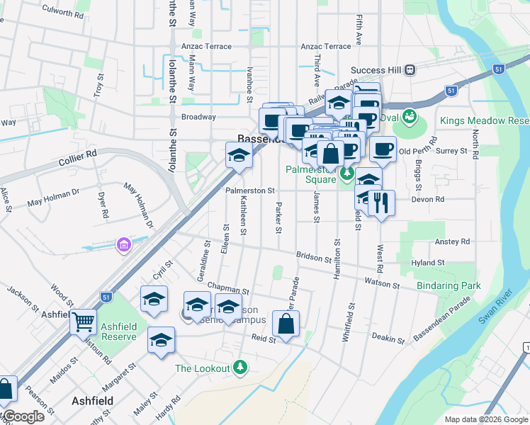 map of restaurants, bars, coffee shops, grocery stores, and more near 55 Kenny Street in Bassendean