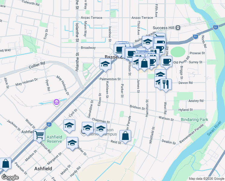map of restaurants, bars, coffee shops, grocery stores, and more near 60 Kenny Street in Bassendean