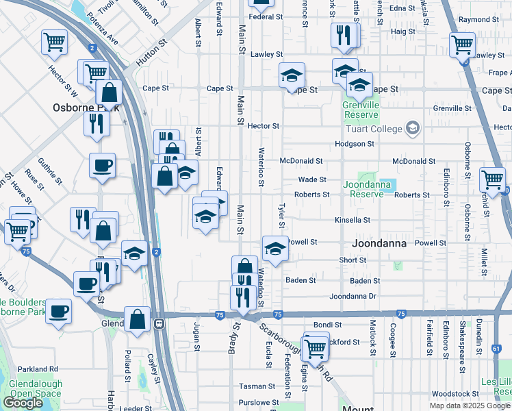 map of restaurants, bars, coffee shops, grocery stores, and more near 59 Waterloo Street in Joondanna