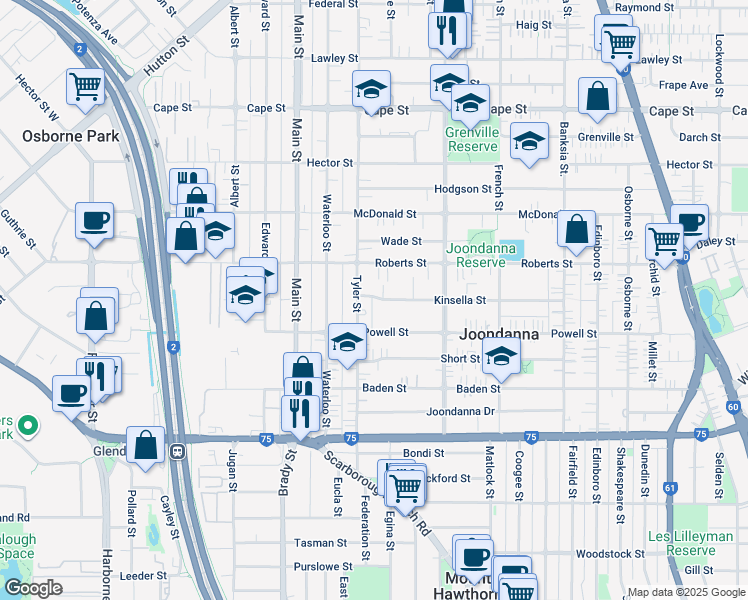 map of restaurants, bars, coffee shops, grocery stores, and more near 6 Kinsella Street in Joondanna