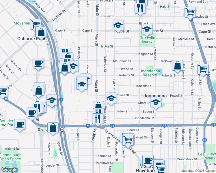 map of restaurants, bars, coffee shops, grocery stores, and more near 50 Waterloo Street in Joondanna