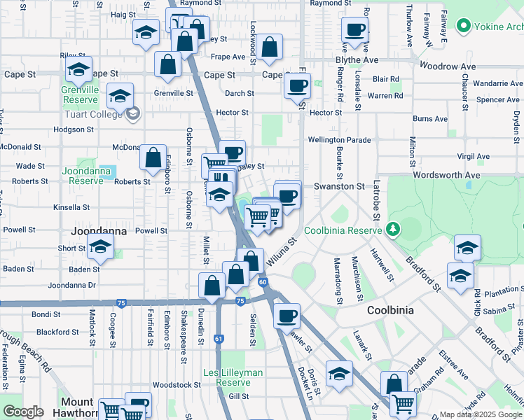 map of restaurants, bars, coffee shops, grocery stores, and more near 17 Farina Drive in Yokine