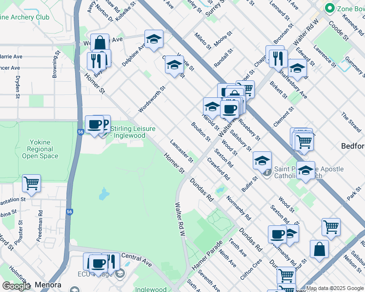 map of restaurants, bars, coffee shops, grocery stores, and more near 20 Lancaster Street in Dianella