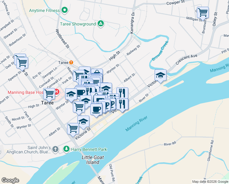 map of restaurants, bars, coffee shops, grocery stores, and more near 8 Albert Street in Taree