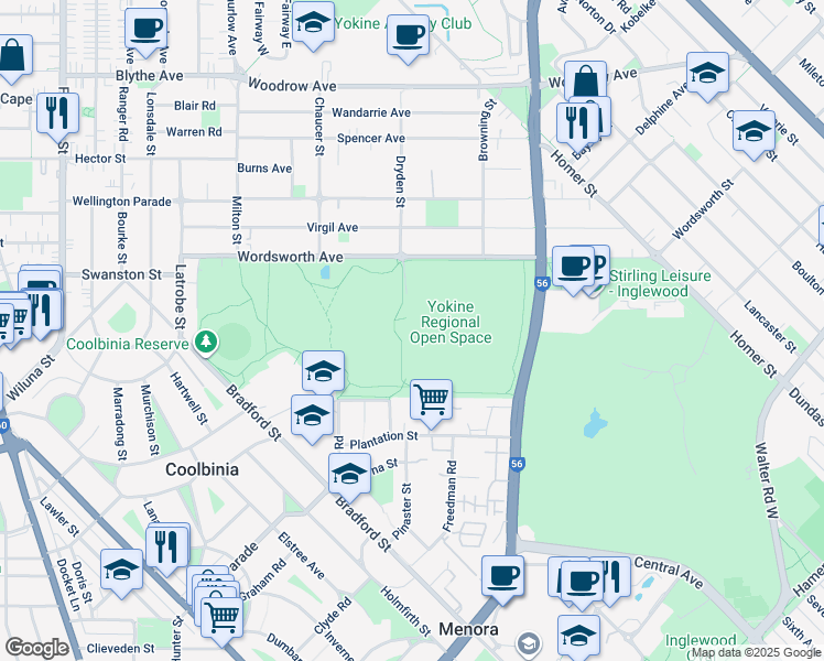 map of restaurants, bars, coffee shops, grocery stores, and more near 100 Wordsworth Avenue in Yokine