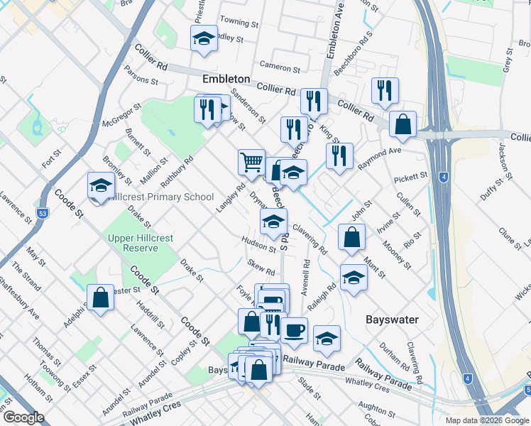 map of restaurants, bars, coffee shops, grocery stores, and more near 13 Drynan Street in Bayswater